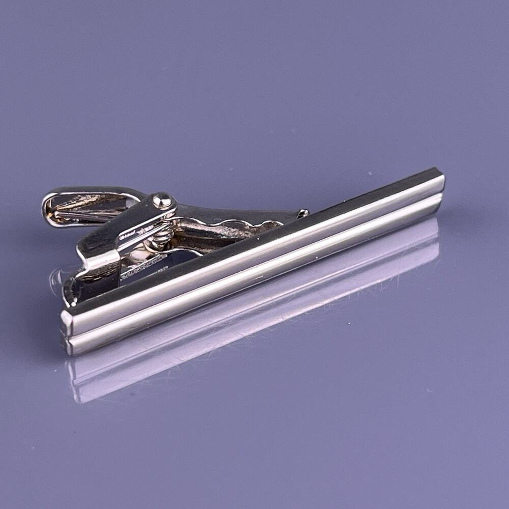Double Line Simple Tie Clip Bar Silver Tone Rectangle Plain Vintage